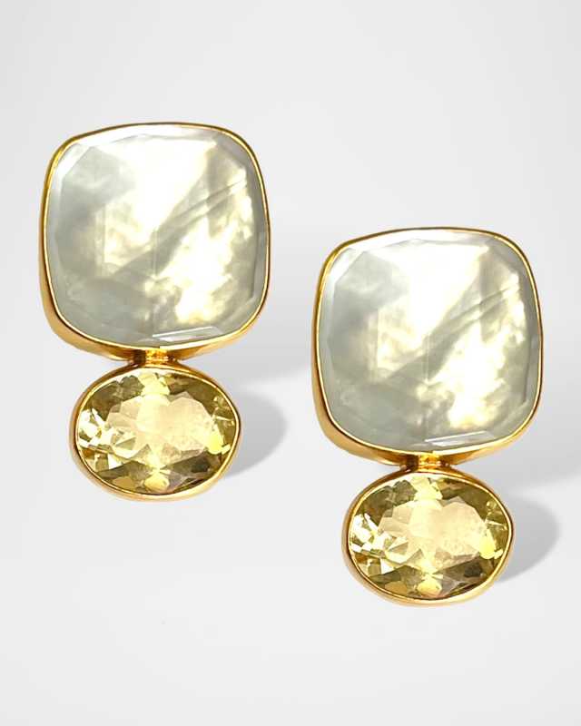 MOP and Quartz Doublet Button Earrings with Citrine